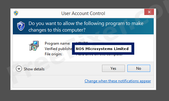 Screenshot where NOS Microsystems Limited appears as the verified publisher in the UAC dialog